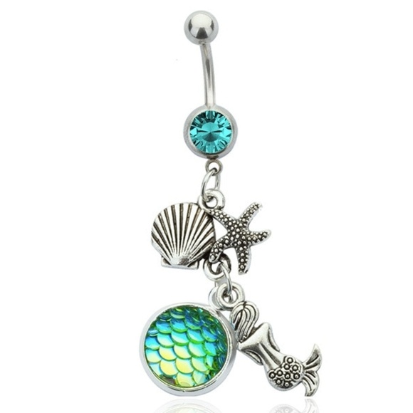Mermaid Belly Button Ring Seashell Green Charms - Picture 1 of 2